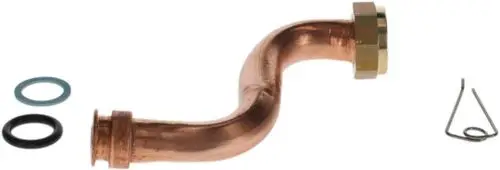 Vorfabriziertes Rohr von Bosch mit einer gebogenen Form, aus Kupfer, accompanied by zwei O-Ringen in verschiedenen Farben und einer kleinen Sicherungsklammer.